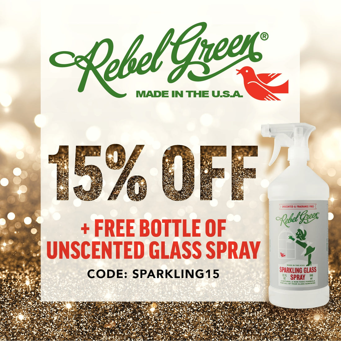 December offer 15% off free sparkling glass spray Rebel Green coupon code